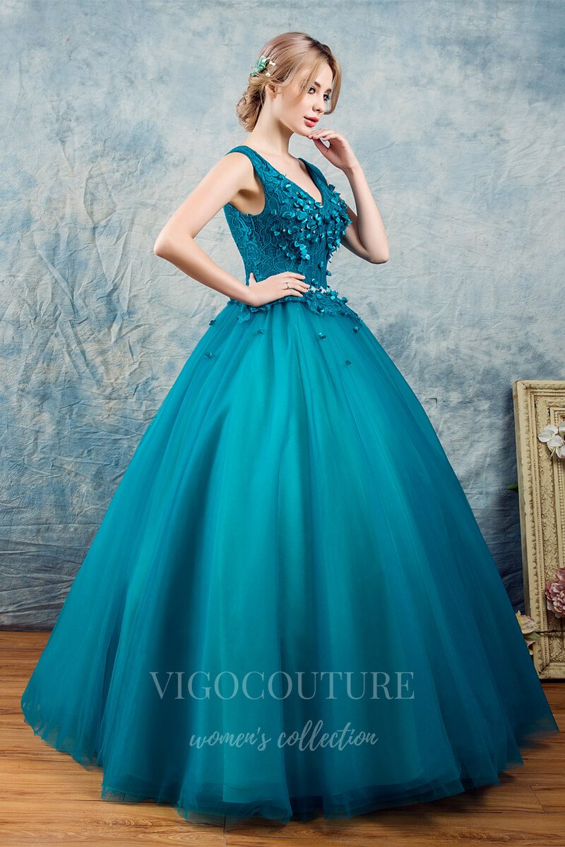 vigocouture-Teal Blue V-Neck Quinceañera Dresses Lace Applique Ball Gown 20454-Prom Dresses-vigocouture-Teal Blue-Custom Size-