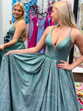 vigocouture-Teal Sparkly Woven Plunging V-Neck Prom Dress 20951-Prom Dresses-vigocouture-Teal-US2-