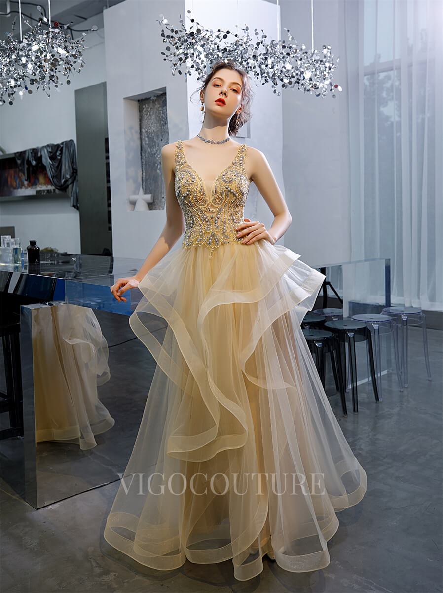 vigocouture-Tiered Beaded Evening Dresses A-line Prom Dresses 20099-Prom Dresses-vigocouture-Champagne-US2-
