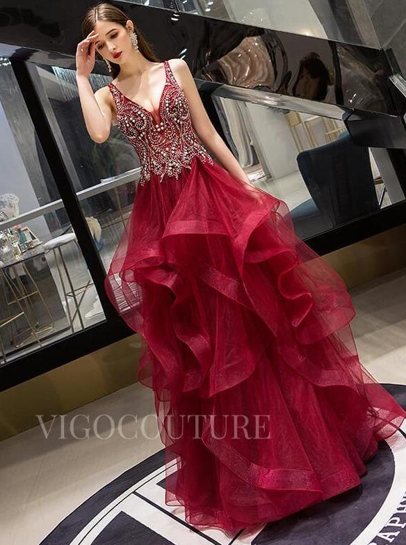 vigocouture-Tiered Beaded Evening Dresses A-line Prom Dresses 20099-Prom Dresses-vigocouture-Red-US2-