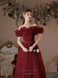 vigocouture-Tiered Off the Shoulder Tulle Prom Dress 20741-Prom Dresses-vigocouture-Burgundy-US2-
