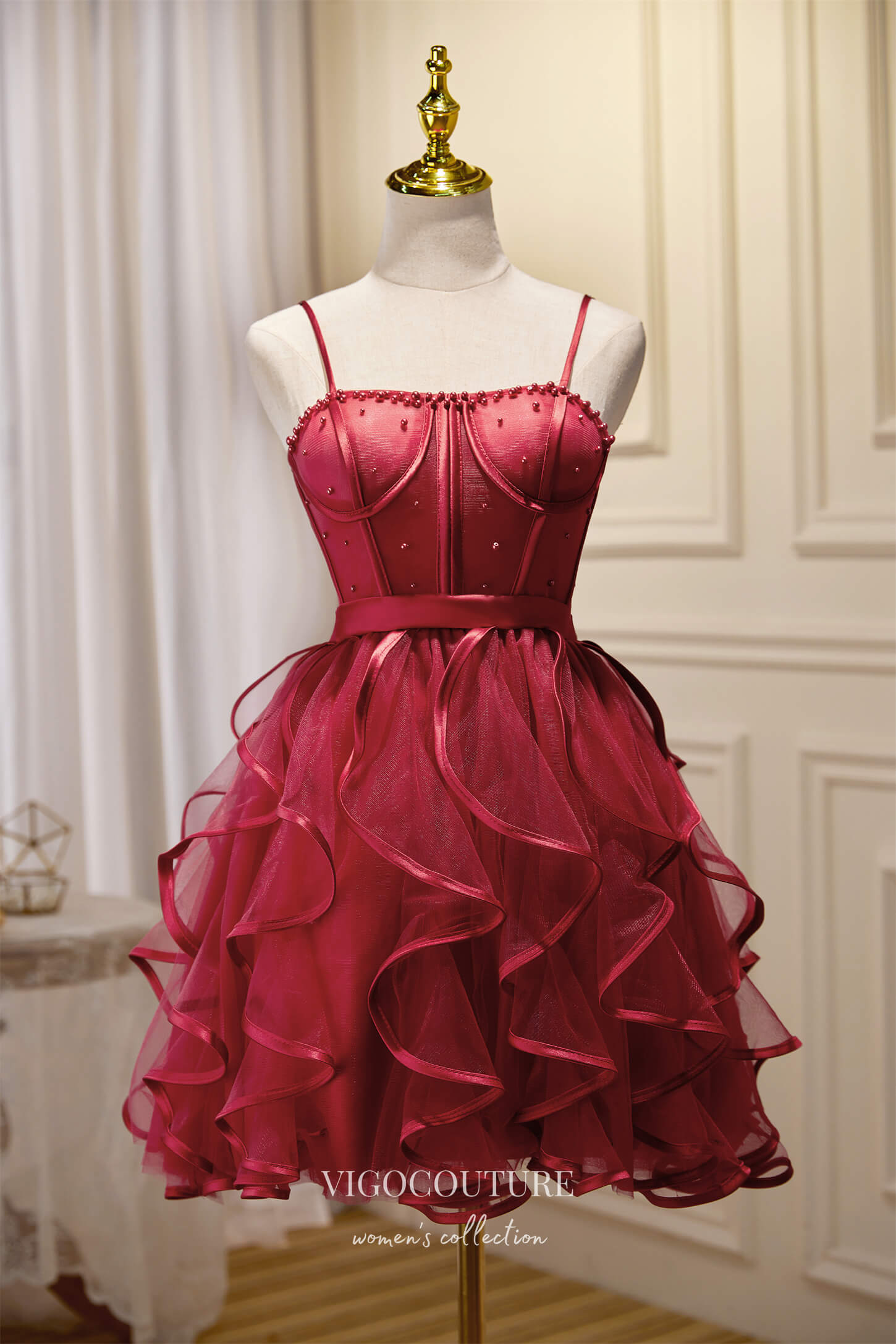 vigocouture-Tiered Spaghetti Strap Homecoming Dresses Beaded Hoco Dresses hc131-Prom Dresses-vigocouture-Burgundy-US0-