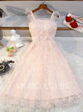 vigocouture-Tiered Spaghetti Strap Lace Prom Dress 2022 Mid-length A-line Dress-Prom Dresses-vigocouture-Blush-US2-