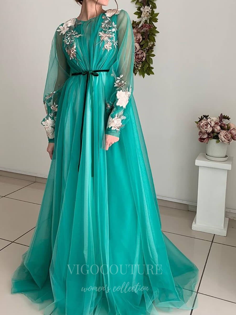 vigocouture-Tulle Long Sleeve Floral A-Line Prom Dress 20606-Prom Dresses-vigocouture-Green-US2-