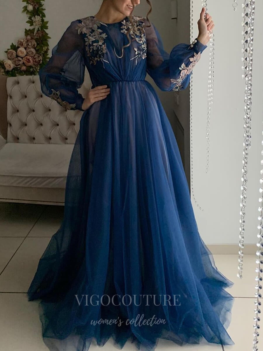 vigocouture-Tulle Long Sleeve Floral A-Line Prom Dress 20606-Prom Dresses-vigocouture-Navy Blue-US2-
