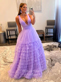 vigocouture-Tulle Tiered Prom Dresses A-Line Plunging V-Neck Formal Dresses 21553-Prom Dresses-vigocouture-Lavender-US2-