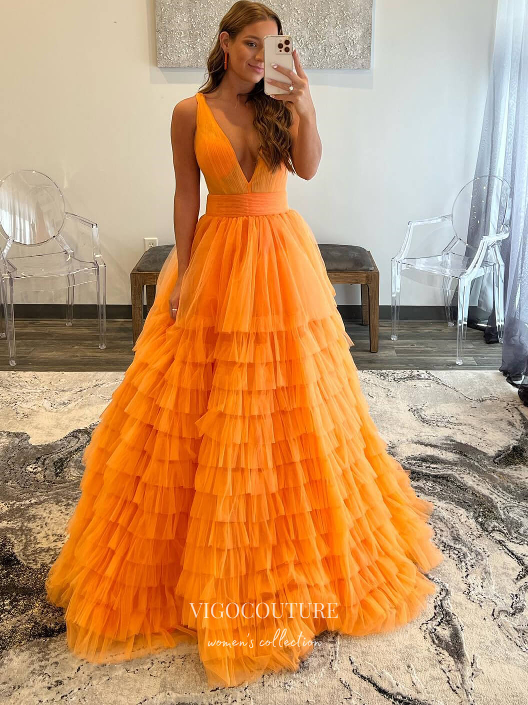 vigocouture-Tulle Tiered Prom Dresses A-Line Plunging V-Neck Formal Dresses 21553-Prom Dresses-vigocouture-Orange-US2-