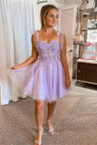 Twinkle in Lavender: Sparkly Tulle Lace Applique Homecoming Dress with Spaghetti Strap hc244