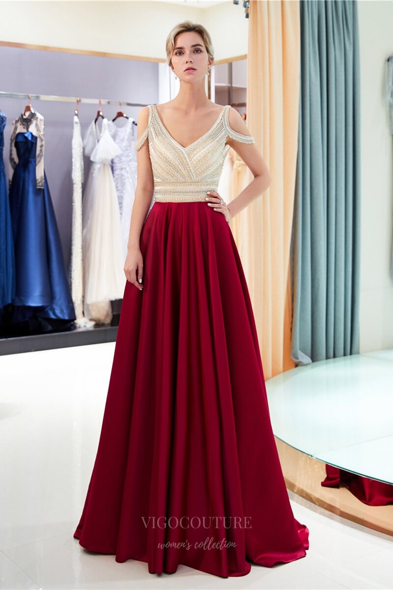 vigocouture-V-Neck Beaded Satin Prom Dress 20282-Prom Dresses-vigocouture-Red-US2-
