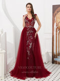 vigocouture-V-Neck Beaded Tulle Prom Dress 20278-Prom Dresses-vigocouture-Burgundy-US2-