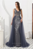 vigocouture-V-Neck Beaded Tulle Prom Dress 20278-Prom Dresses-vigocouture-Grey-US2-