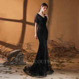 vigocouture-V-neck Mermaid Prom Dresses Short Sleeve Beaded Evening Dresses 20075-Prom Dresses-vigocouture-