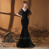 vigocouture-V-neck Mermaid Prom Dresses Short Sleeve Beaded Evening Dresses 20075-Prom Dresses-vigocouture-