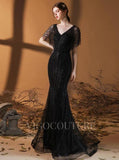 vigocouture-V-neck Mermaid Prom Dresses Short Sleeve Beaded Evening Dresses 20075-Prom Dresses-vigocouture-Black-US2-