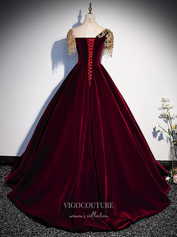 vigocouture-Velvet Beaded Prom Dresses Short Sleeve Formal Gown 21343-Prom Dresses-vigocouture-