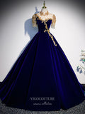 vigocouture-Velvet Beaded Prom Dresses Short Sleeve Formal Gown 21343-Prom Dresses-vigocouture-Blue-US2-