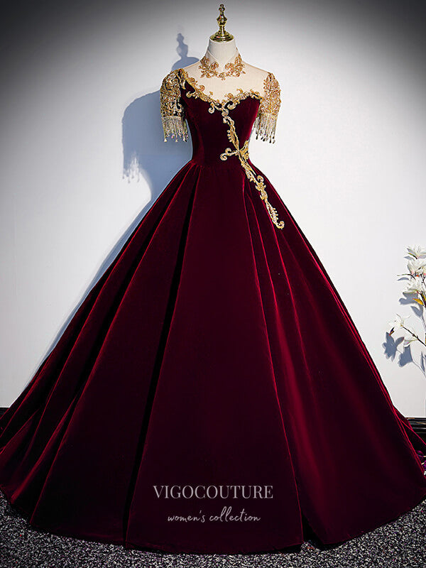 vigocouture-Velvet Beaded Prom Dresses Short Sleeve Formal Gown 21343-Prom Dresses-vigocouture-Burgundy-US2-