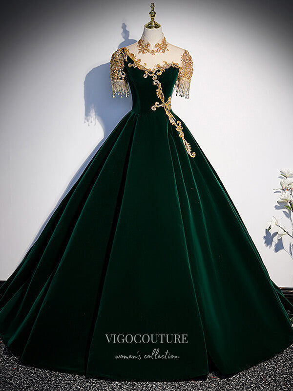vigocouture-Velvet Beaded Prom Dresses Short Sleeve Formal Gown 21343-Prom Dresses-vigocouture-Green-US2-