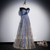 vigocouture-Velvet Dusty Blue Prom Dress Off the Shoulder Prom Gown 20288-Prom Dresses-vigocouture-