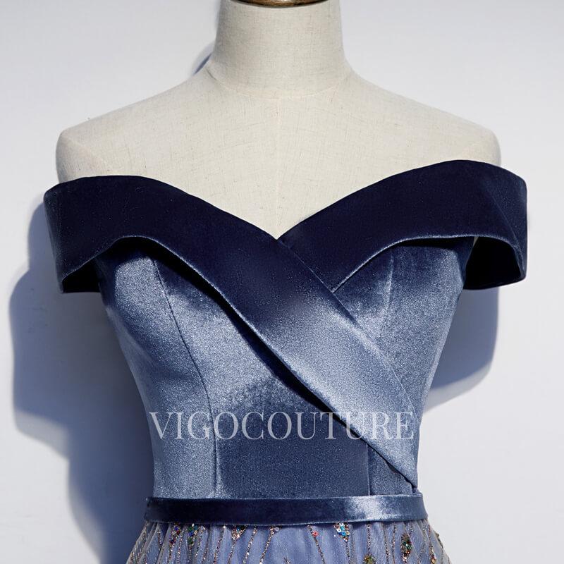 vigocouture-Velvet Dusty Blue Prom Dress Off the Shoulder Prom Gown 20288-Prom Dresses-vigocouture-