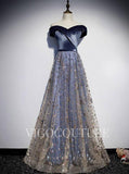 vigocouture-Velvet Dusty Blue Prom Dress Off the Shoulder Prom Gown 20288-Prom Dresses-vigocouture-Dusty Blue-US2-