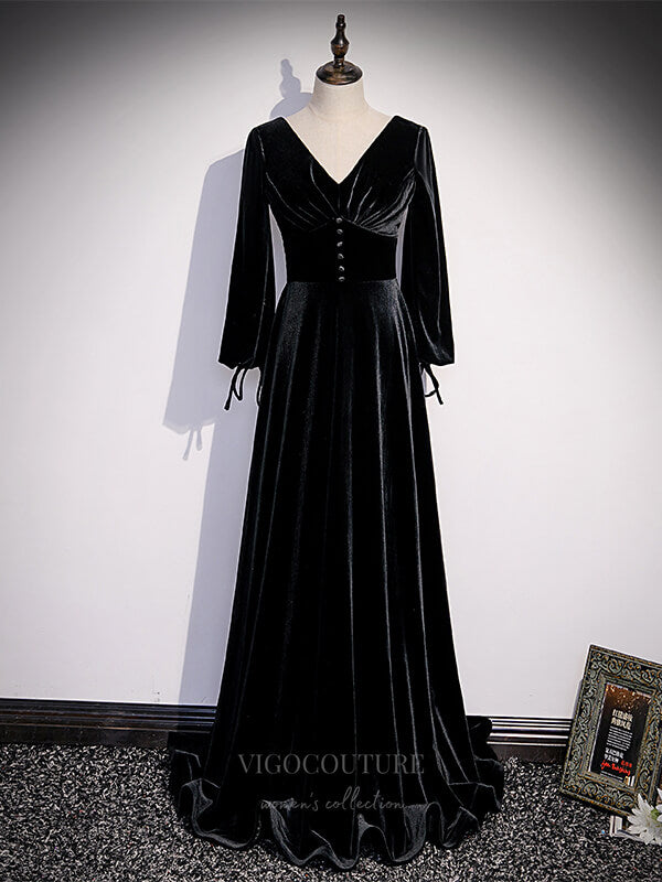 vigocouture-Velvet Long Sleeve V-Neck Prom Dress 20903-Prom Dresses-vigocouture-Black-Custom Size-