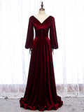 vigocouture-Velvet Long Sleeve V-Neck Prom Dress 20903-Prom Dresses-vigocouture-Burgundy-Custom Size-