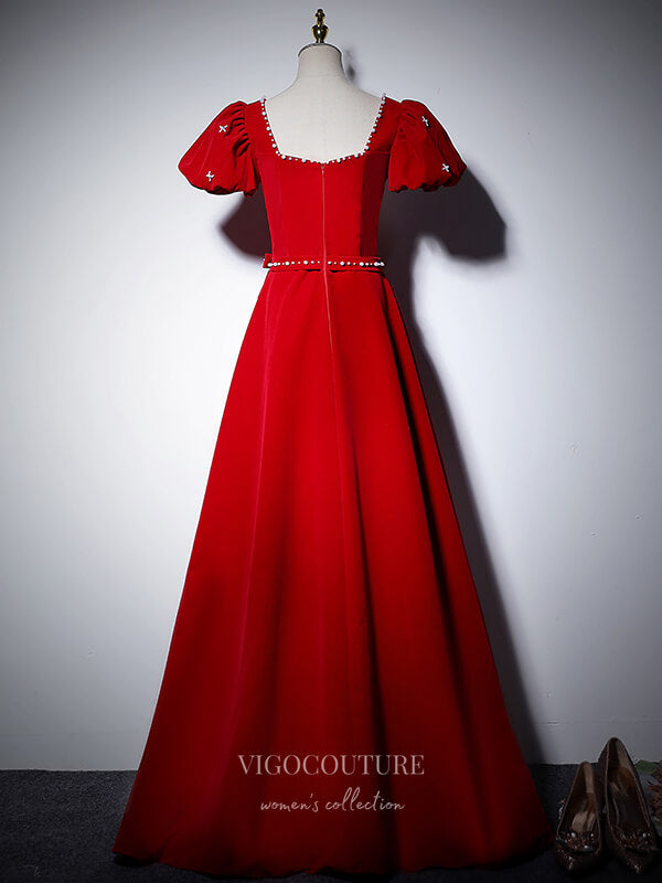 vigocouture-Velvet Puffed Sleeve Prom Dresses Square Neck Formal Dresses 21063-Prom Dresses-vigocouture-