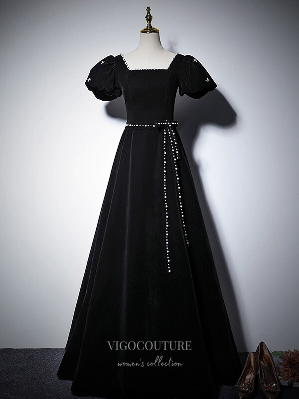 vigocouture-Velvet Puffed Sleeve Prom Dresses Square Neck Formal Dresses 21063-Prom Dresses-vigocouture-Black-US2-