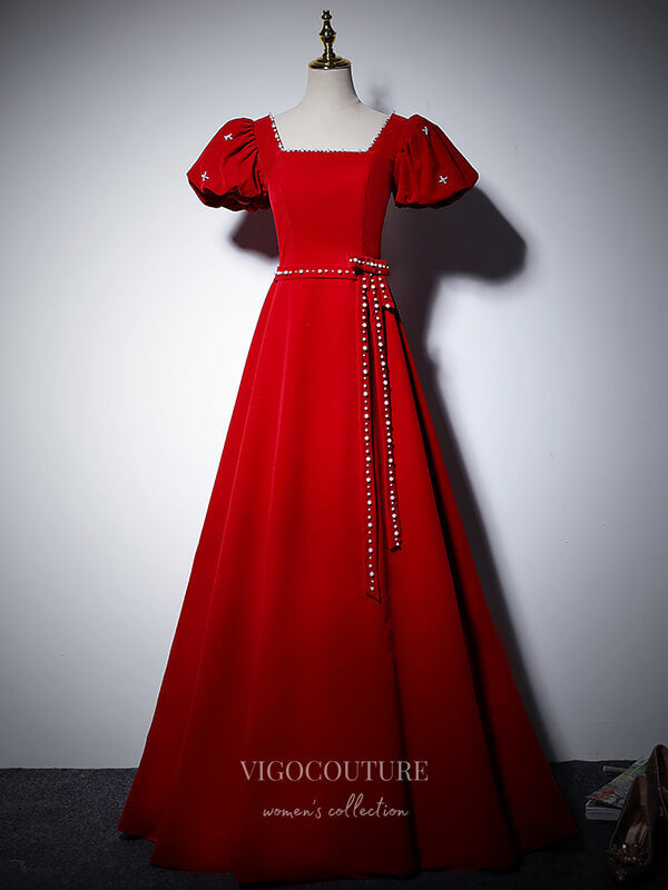 vigocouture-Velvet Puffed Sleeve Prom Dresses Square Neck Formal Dresses 21063-Prom Dresses-vigocouture-Red-US2-