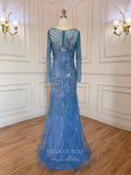 Vintage Beaded Feather Prom Dresses Long Sleeve Evening Dress 22125-Prom Dresses-vigocouture-Dusty Blue-US2-vigocouture