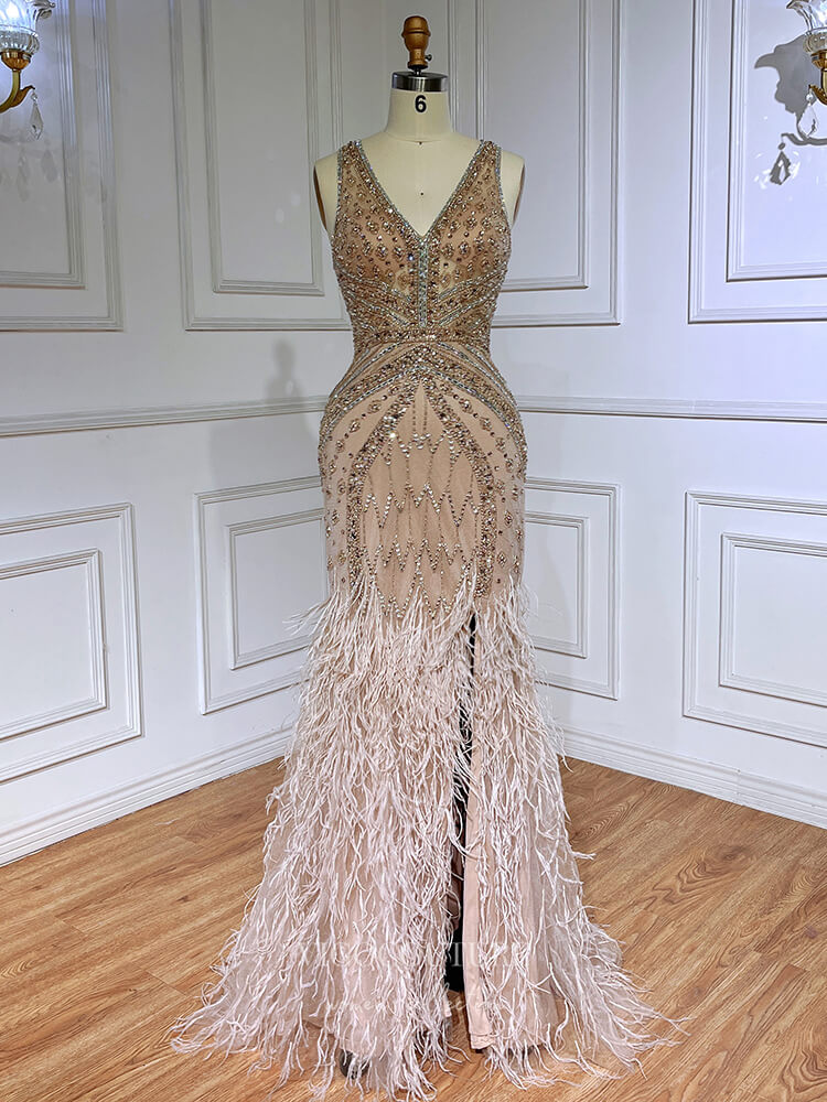 Vintage Beaded Feather Prom Dresses with Slit Mermaid 1920s Evening Dress 22132-Prom Dresses-vigocouture-Champagne-US2-vigocouture