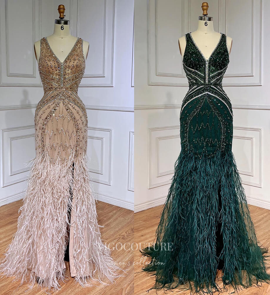 Vintage Beaded Feather Prom Dresses with Slit Mermaid 1920s Evening Dress 22132-Prom Dresses-vigocouture-Champagne-US2-vigocouture