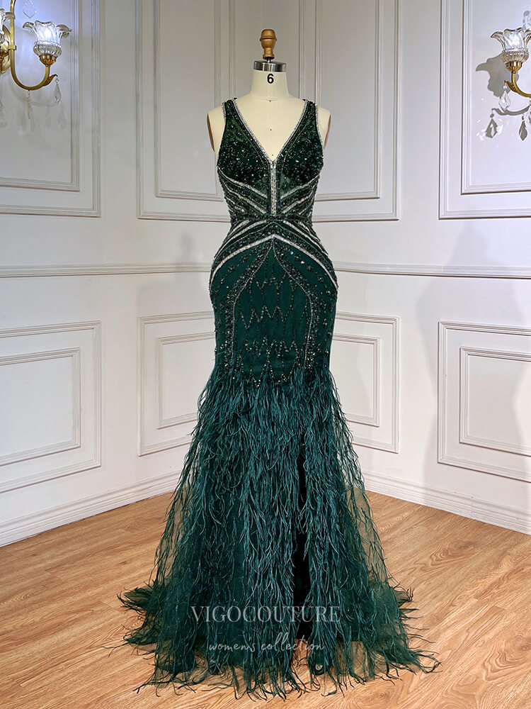 Vintage Beaded Feather Prom Dresses with Slit Mermaid 1920s Evening Dress 22132-Prom Dresses-vigocouture-Emerald-US2-vigocouture