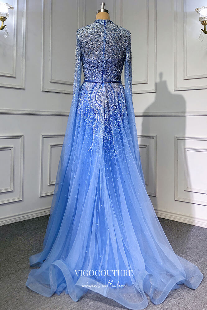 vigocouture-Light Blue Beaded Formal Dresses Extra Long Sleeve High Neck Prom Dress 21633-Prom Dresses-vigocouture-
