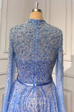 vigocouture-Light Blue Beaded Formal Dresses Extra Long Sleeve High Neck Prom Dress 21633-Prom Dresses-vigocouture-