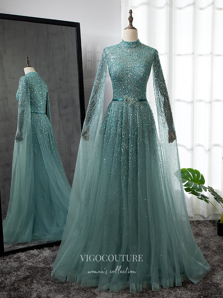 Vintage Beaded Prom Dresses Extra Long Sleeve High Neck Pageant Dress 21633-Prom Dresses-vigocouture-Green-US2-vigocouture
