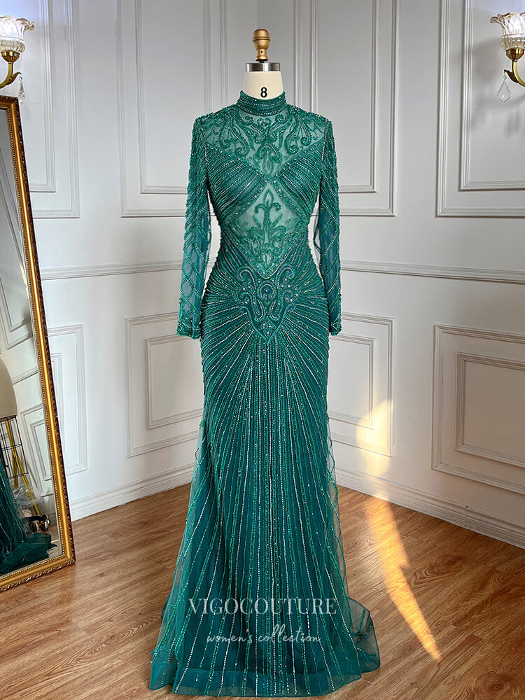 Vintage Beaded Prom Dresses Long Sleeve Mermaid Mother of the Bride Dresses 22083-Prom Dresses-vigocouture-Green-US2-vigocouture