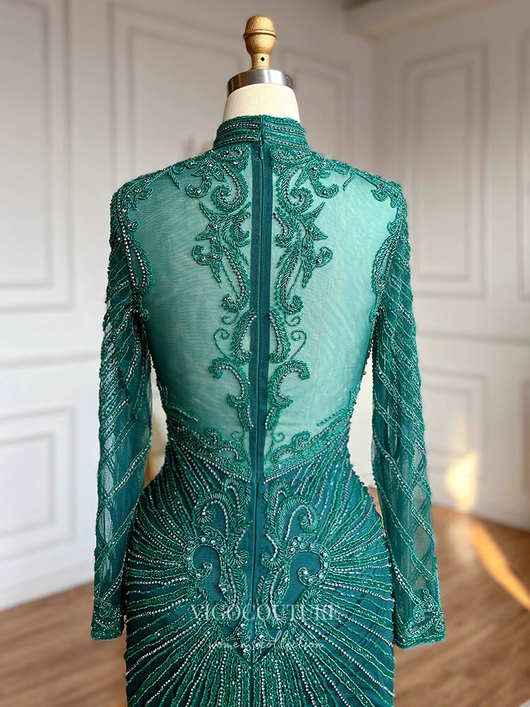 Vintage Beaded Prom Dresses Long Sleeve Mermaid Mother of the Bride Dresses 22083-Prom Dresses-vigocouture-Green-US2-vigocouture