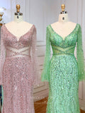 Vintage Beaded Prom Dresses Long Sleeve V-Neck Evening Gown 22110-Prom Dresses-vigocouture-Pink-US2-vigocouture
