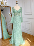 Vintage Beaded Prom Dresses Long Sleeve V-Neck Evening Gown 22110-Prom Dresses-vigocouture-Green-US2-vigocouture