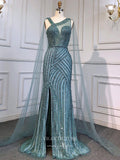Vintage Beaded Prom Dresses with Slit Detachable Cape Mermaid Evening Dresses 22080-Prom Dresses-vigocouture-Green-US2-vigocouture