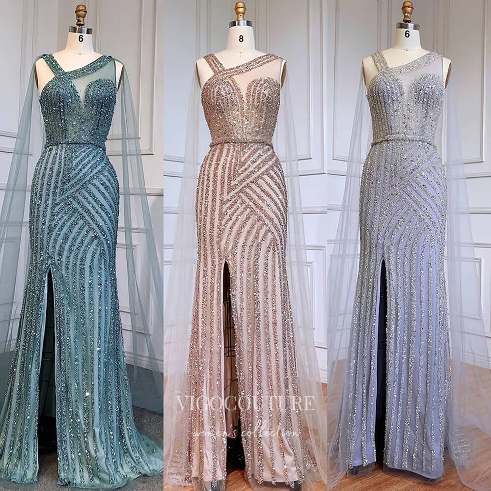 Vintage Beaded Prom Dresses with Slit Detachable Cape Mermaid Evening Dresses 22080-Prom Dresses-vigocouture-Mocha-US2-vigocouture