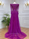 Vintage Beaded Prom Dresses with Slit Long Sleeve Square Neck Evening Gown 22112-Prom Dresses-vigocouture-Purple-US2-vigocouture