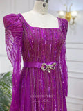 Vintage Beaded Prom Dresses with Slit Long Sleeve Square Neck Evening Gown 22112-Prom Dresses-vigocouture-Purple-US2-vigocouture