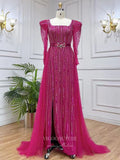 Vintage Beaded Prom Dresses with Slit Long Sleeve Square Neck Evening Gown 22112-Prom Dresses-vigocouture-Magenta-US2-vigocouture