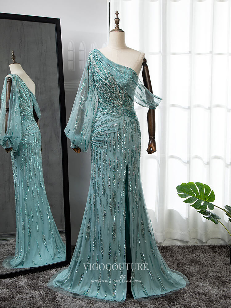 Illusion neck Storm Blue V-neck Tulle See-through Evening Dress –  showprettydress