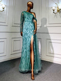 Vintage Beaded Prom Dresses with Slit One Shoulder Mermaid Evening Dresses 22072-Prom Dresses-vigocouture-Turquoise-US2-vigocouture