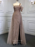 Vintage Beaded Prom Dresses with Slit One Shoulder Overskirt Formal Dresses 22076-Prom Dresses-vigocouture-Mocha-US2-vigocouture