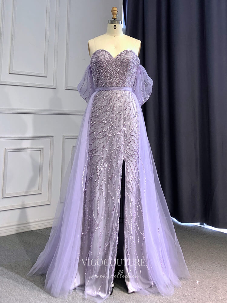 Vintage Beaded Prom Dresses with Slit Overskirt Formal Dresses 22079-Prom Dresses-vigocouture-Lavender-US2-vigocouture